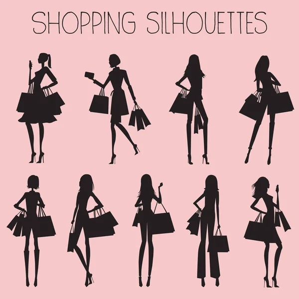 Vrouwen Shopping Silhouetten Met Roze Achtergrond Vector Eps10 — Stockvector