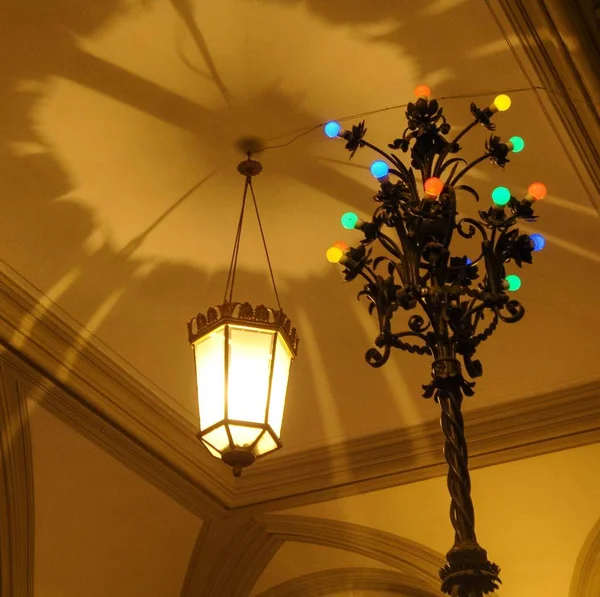 Glass Chandelier Candelabra Colored Lanterns Light Shadows Vaulted Ceiling — 스톡 사진