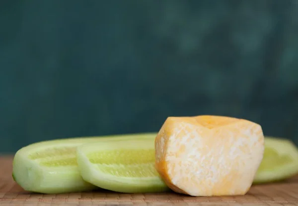 Two Halves Peeled Cucumber Half Peeled Turnip — Stock Photo, Image