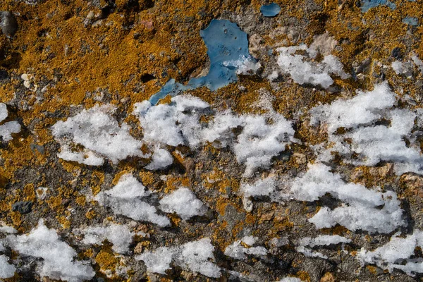 Thin ice on the surface of an old concrete slab with peeling blue paint and green lichen