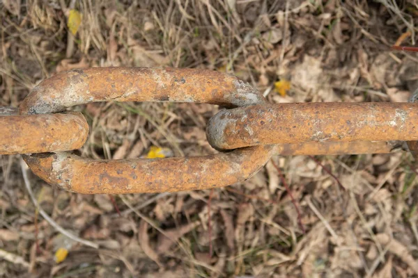 Enlaces Una Gruesa Cadena Oxidada Sobre Fondo Hierba Seca — Foto de Stock