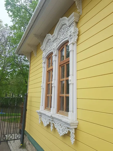 Carved Platbands Wooden House Golden Ring Russia — Stock Photo, Image