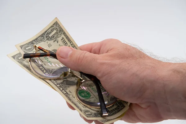 Ruka Světlém Pozadí Drží Dva Dolarové Bankovky Brýle — Stock fotografie