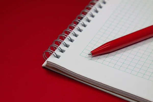 Notepad on a red notebook cover and a red pen, all in red colors