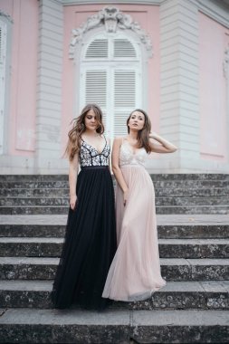 Portresi iki güzel gönderen brunettes uzun şifon elbiseler 