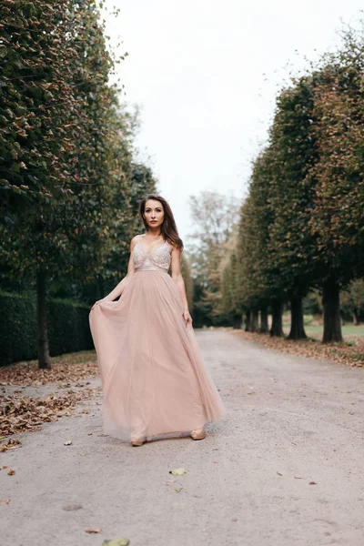 Hermosa mujer en vestido de noche rosa largo caminar camino en el parque —  Fotos de Stock