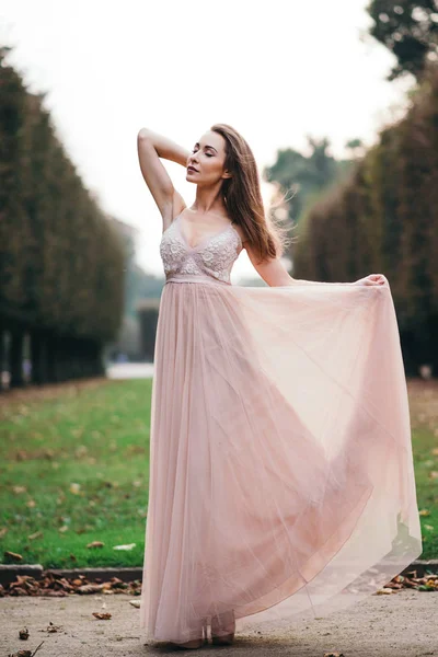 Retrato de hermosa morena en vestido largo de gasa rosa —  Fotos de Stock