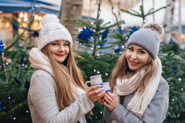 Noel deco üzerinde mulled şarap içme iki en iyi arkadaşlar 