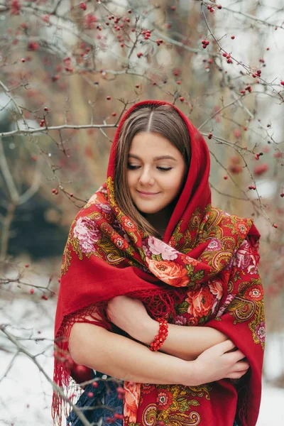 Hermosa mujer en ruso pañuelo tradicional —  Fotos de Stock