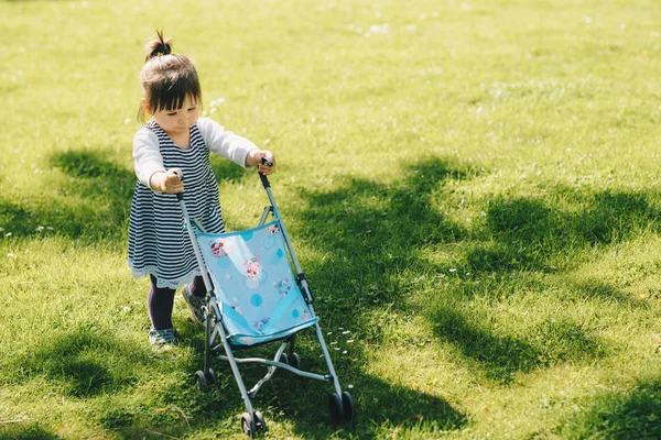 Schattig meisje speelt met een pop-kinderwagen — Stockfoto