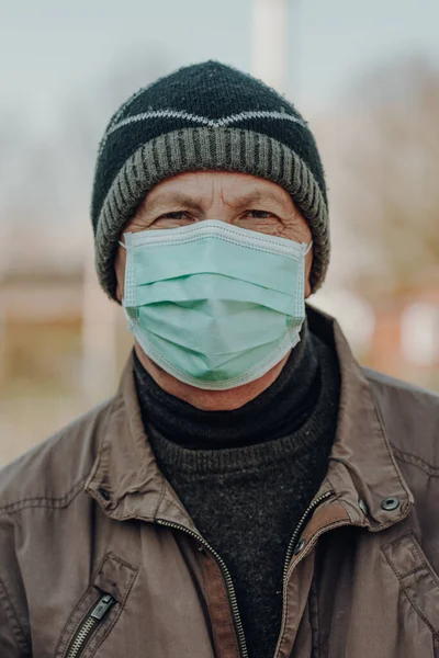 Uomo Anziano Che Indossa Maschera Facciale Prevenzione Delle Infezioni All — Foto Stock