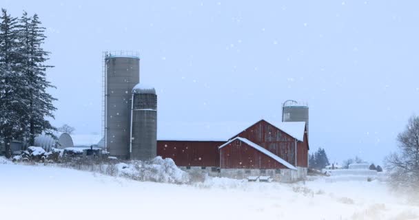 4k Ultrahd červená stodola s padající sníh — Stock video