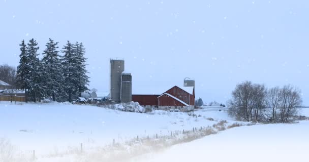 4K UltraHD Celeiro vermelho e neve caindo — Vídeo de Stock