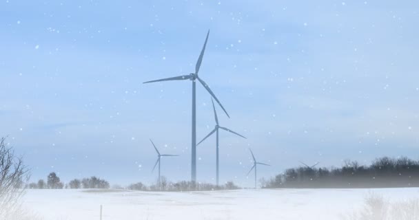 4k Ultrahd śnieg spada z turbin wiatrowych — Wideo stockowe