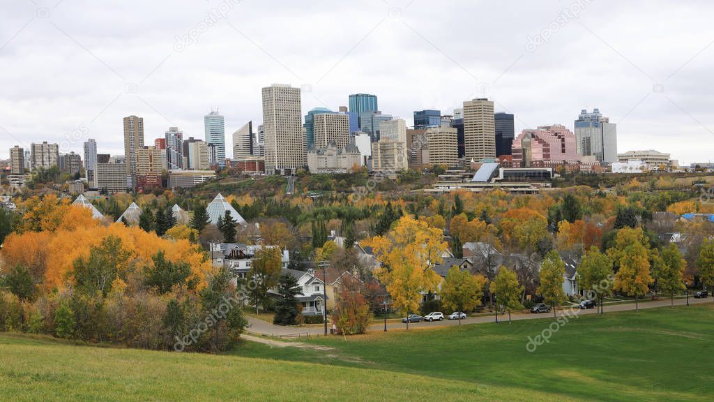 Edmonton, Canada cityscape with colorful aspen in foreground