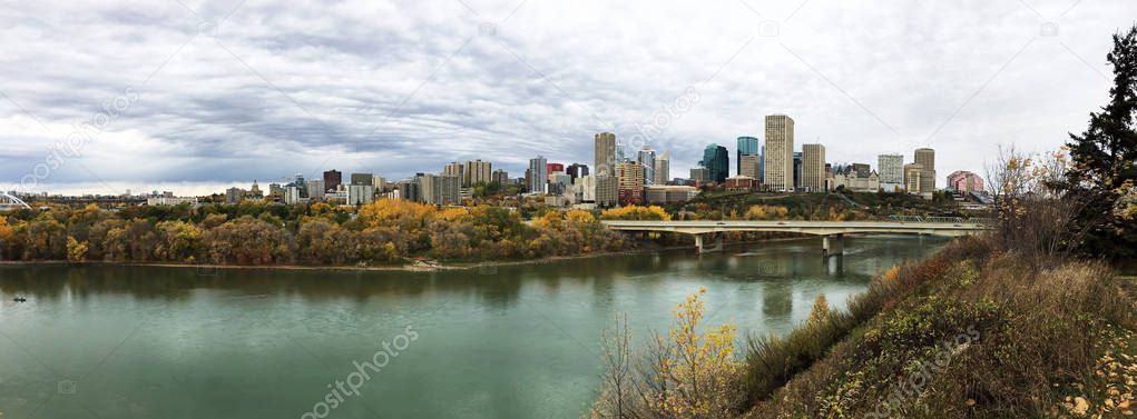 Panorama of Edmonton, Alberta, Canada with colorful aspen in aut