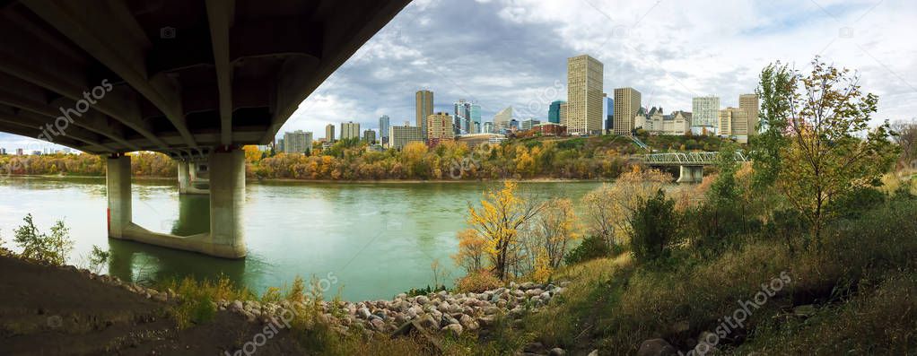 Panorama of Edmonton, Canada with colorful aspen in fall
