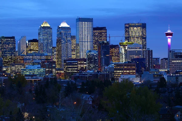 Calgary, Kanada şehir merkezinin gece görünümü — Stok fotoğraf