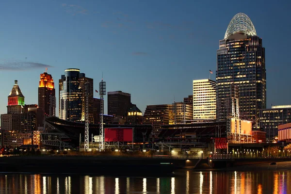 Cincinnati skyline at night with reflections