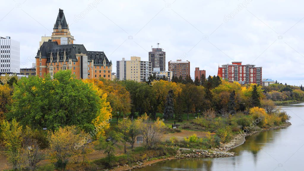 View of Saskatoon, Canada city center by river