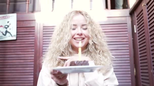 Beautiful Curly Blonde Makes Wish Blows Out Candle His Birthday — Stock Video