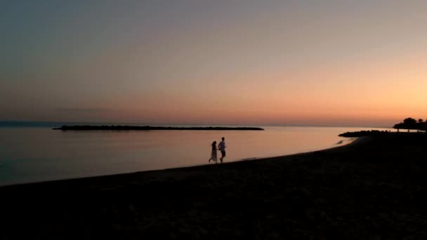 Deniz Kıyısında Koşan Genç Bir Çiftin Siluetleri Hava Görünümü — Stok video