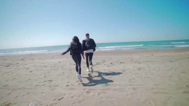 Jeune Couple Amoureux Tenant Main Courant Vers Mer Ludique Amusant — Video