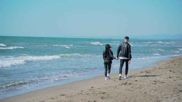海に向かって走っている手を握っている愛の若いカップルは ビーチの休日を楽しんで遊び心があります 若い流行の男と女砂のビーチの人々 — ストック動画