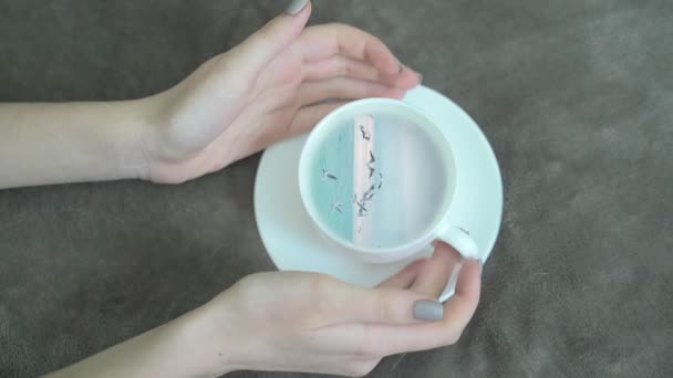 カップの中の海 海とマグカップで女の子の手 コーヒーを片手に 夢の杯だ コップの中の波 最上階だ — ストック動画