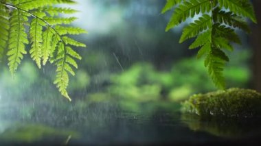 Palmiye ağaçları ve yağmur ormanlarından oluşan bir arka planda hafif yağmur. Meditasyon ve yoga doğayla uyum içindedir. Tropik Kumsal, Yaz Tatili Geçmişi. Seyahat Tatili, Metin için Boşluk Kopyalama Alanı 