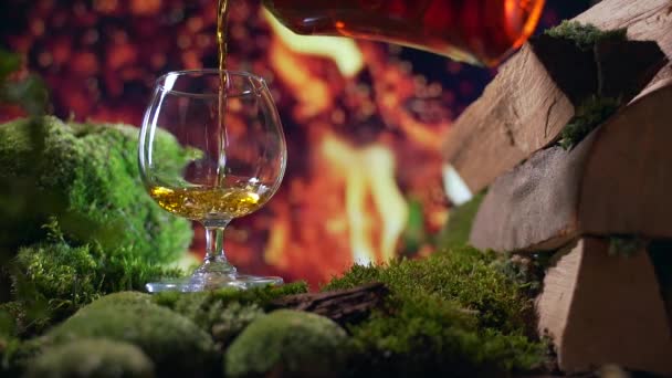 Cámara Lenta Vierte Coñac Brandy Vaso Medio Del Fuego Ardiente — Vídeos de Stock