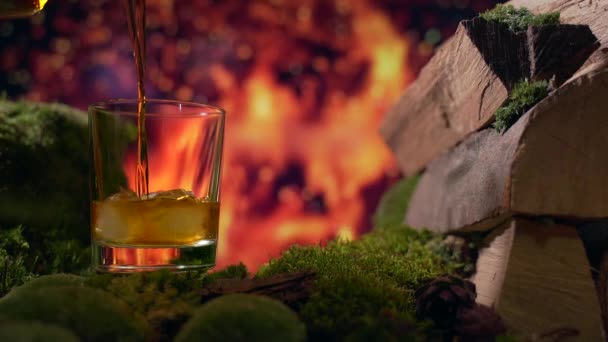 スローモーション ウィスキーやブランデーを氷のグラスに注ぐ 燃える炎の中で 薪の苔の性質 ウッドだ 暖炉だ 夜は自然の中で飲む 閉めて — ストック動画