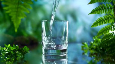 Kaynak suyu bardağa dökülür. Ağır çekim. Sağlıklı doğal yaşam tarzı. Doğa geçmişi hakkında. Bitkiler arasındaki saf su. Kapat. İzole edilmiş