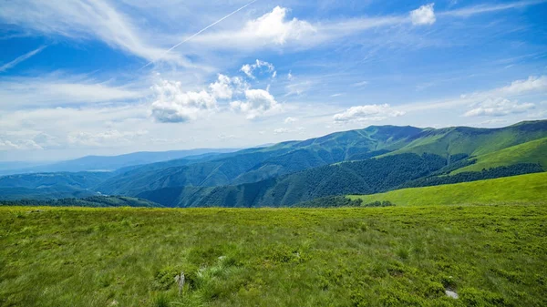 晴れた日の午後 山の中の素晴らしい春の風景 草の野と丘陵だ 田舎の風景 青い山の背景に 緑の高山の山々が緑の草で覆われ ロイヤリティフリーのストック画像