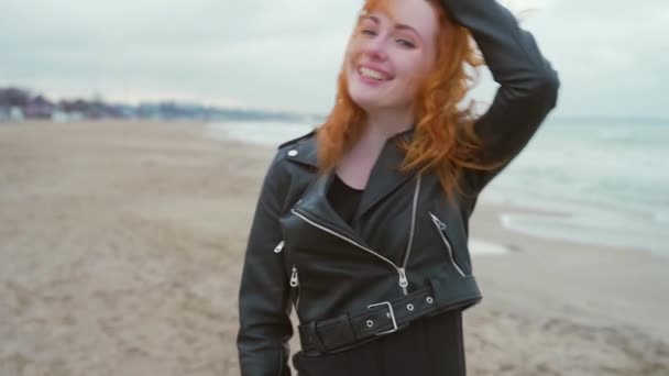 Young Girl Black Clothes Leather Jacket Runs Whirls Laughs Camera — Stock Video