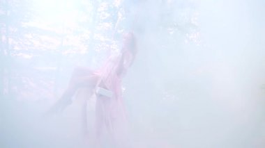 Zarif elbiseli genç bayan. Bir salıncakta oturuyor. Bulutlarda ya da dumanda. Ağaçtaki orman muhteşem mistik bir manzara. Pembe sinekler esiyor. Romantik, tasavvur edilmiş, mutlu kız rüyaları. Masal rüyası rahatla prenses.