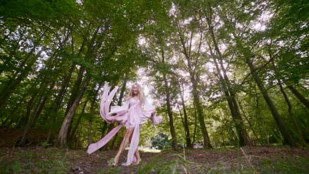 Ung Elegant Flicka Lång Rosa Klänning Dans Skogen Mellan Träden — Stockvideo