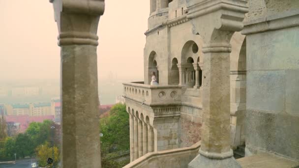 Beautiful Fairy Princess Overlooks Balcony Terrace Exquisite Ancient Castle Backdrop — Stock Video