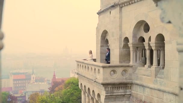 Piękna Księżniczka Bajki Widokiem Balkon Lub Taras Wspaniałego Starożytnego Zamku — Wideo stockowe