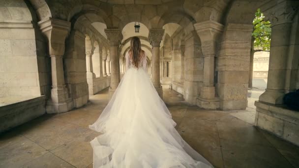时尚模特 新娘穿着雅致的婚纱 长裙跑来跑去 走在后面 在古城和城堡建筑 慢动作 历史建筑的背景下 — 图库视频影像