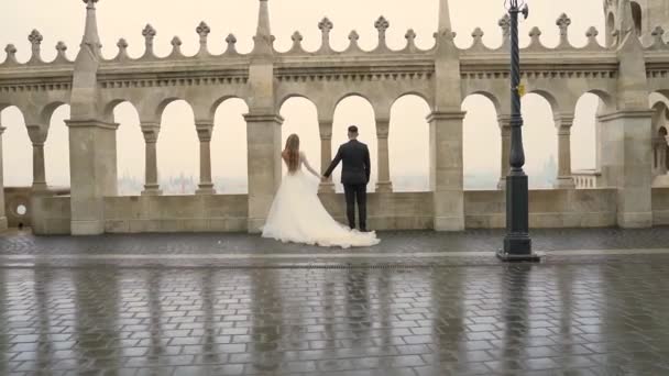 若い夫婦が手を取り合って古い城と街の建築物を通り過ぎました バラスターのアーチ ヴィンテージの柱の背景にあります 歴史的な場所だ 豪華なファッション 花嫁と新郎 — ストック動画
