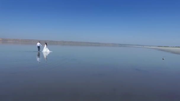 Gelin Damat Suya Yansıdı Genç Bir Düğün Çifti Yazın Denizin — Stok video