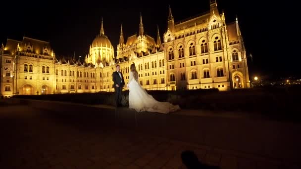 Jeune Couple Mariage Sur Fond Nuit Ville Embellissement Architectural Antique — Video