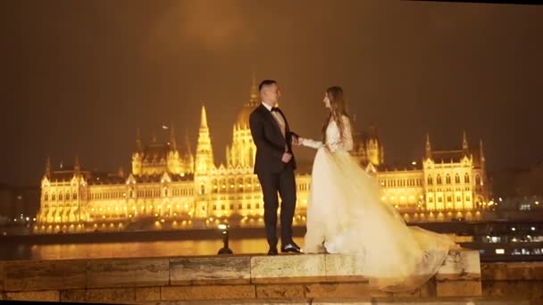 可爱的新婚夫妇面对着古老的夜城 建筑和建筑 站在那里 背景河流 新娘和新郎的轮廓 — 图库视频影像