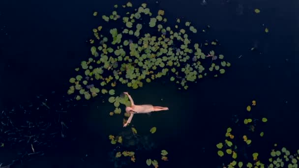 穿着浅色衣服的小女孩躺在水 沼泽地和百合花中间 神秘的顶部天然池塘 透明的衣服躺着 人与自然的概念 花绿叶假期 Nymph — 图库视频影像