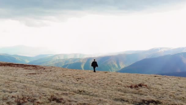 Joven Hombre Negocios Éxito Cima Montaña Traje Chaqueta Paseos Para — Vídeo de stock