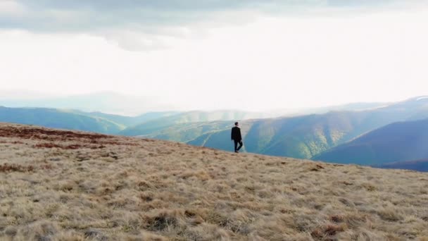 Genç Başarılı Adamı Dağın Tepesinde Takım Elbiseli Ceketli Yürüyor Elleri — Stok video