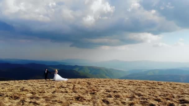 Pareja Novios Boda Tomados Mano Caminando Sobre Telón Fondo Increíbles — Vídeo de stock