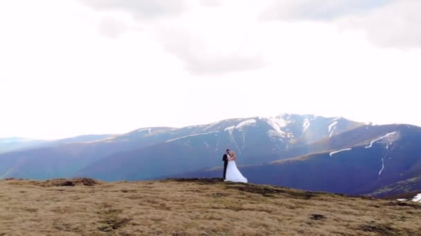 Amazing Aerial View Bride Approaches Groom White Wedding Dress Standing — Stock Video