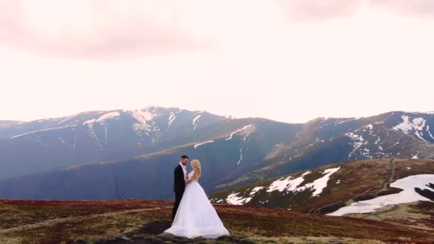 Verbazingwekkend Uitzicht Vanuit Lucht Bruid Nadert Bruidegom Een Witte Trouwjurk — Stockvideo